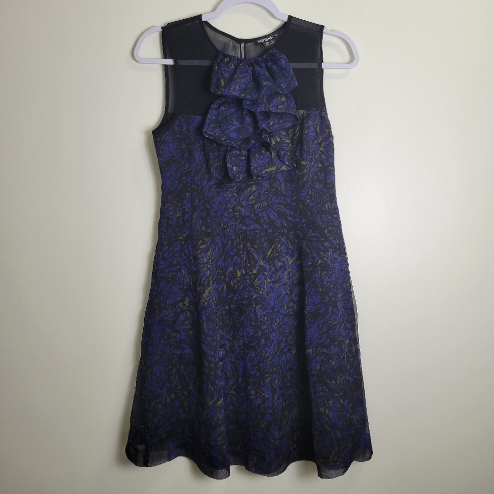 Kensie Ruffle Navy Lightweight Cocktail Party Midi Dress S